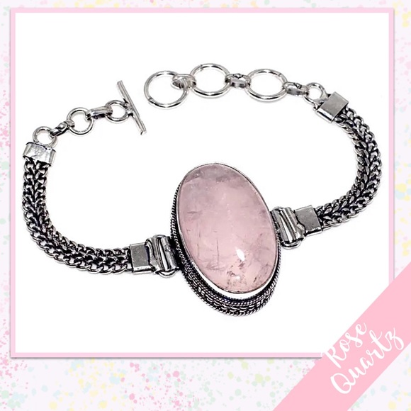 Jewelry - Rose Quartz Eclectic Bollywood Silver Bangle Cuff, Adjustable (Pale Pink)